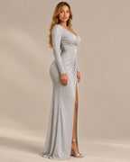 Shimmer Wrap V Neck Long Sleeve Maxi Dress – High Slit Evening Gown | Oyese