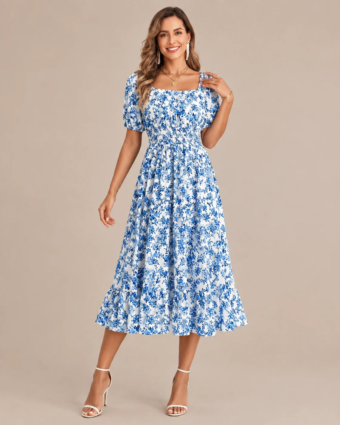 Off-Shoulder Floral Puff Sleeve Ruffle A-Line Dress | Oyese