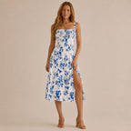 Square Neck Tie Front A-Line Midi Dress – Floral & Solid Summer Dress | Oyese