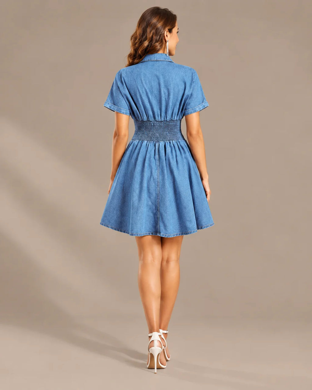Denim Button-Front Fit & Flare Mini Dress – Collared Short Sleeve Dress | Oyese