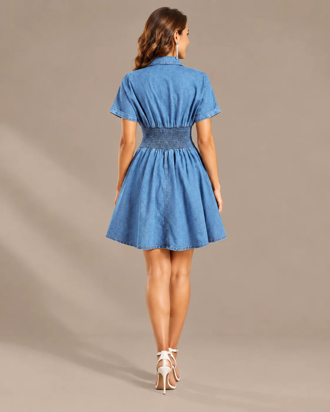 Denim Button-Front Fit & Flare Mini Dress – Collared Short Sleeve Dress | Oyese