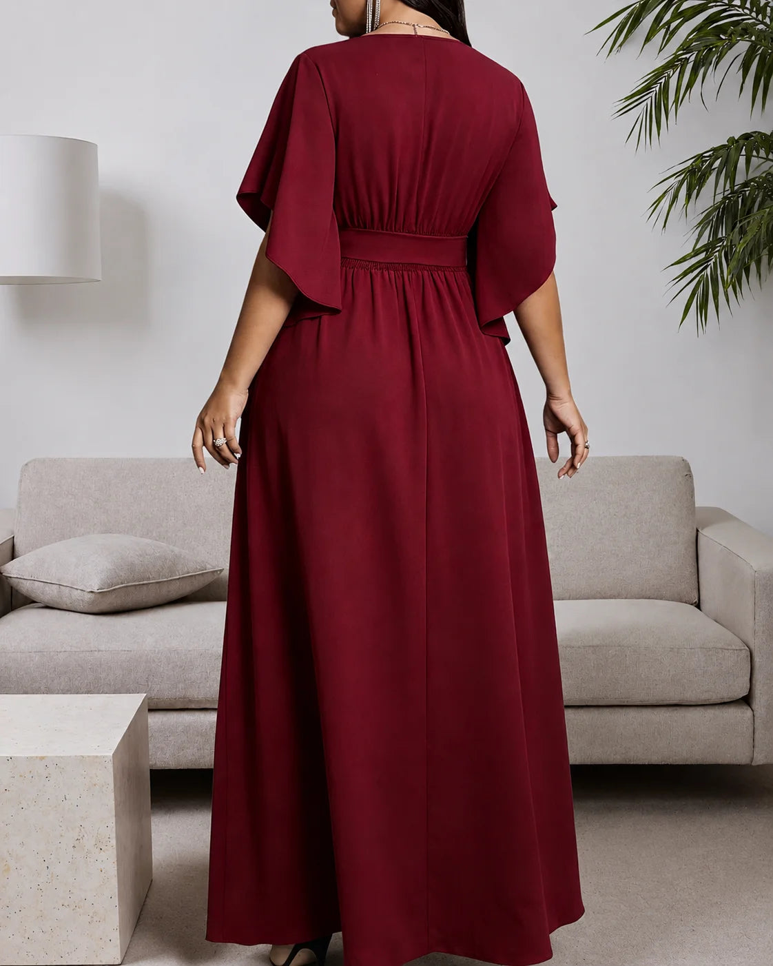 Plus Size Wrap V-Neck Flutter Sleeve Slit Maxi Dress | Oyese