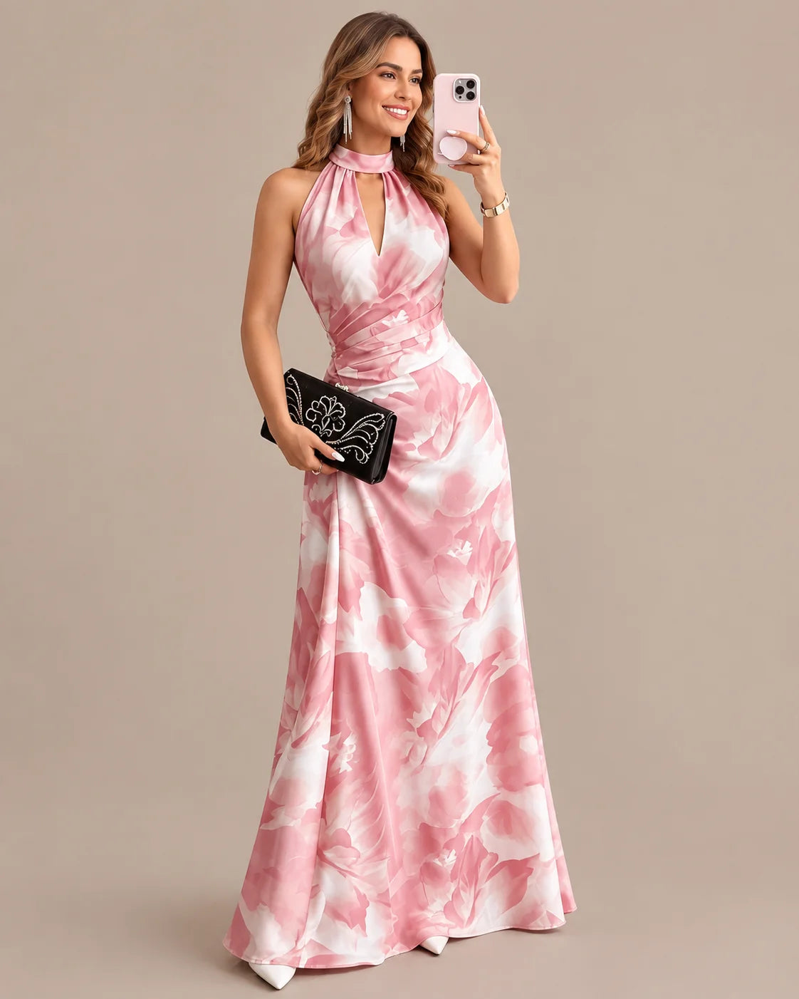 Keyhole Halter Open Back Watercolor Print Maxi Dress | Oyese