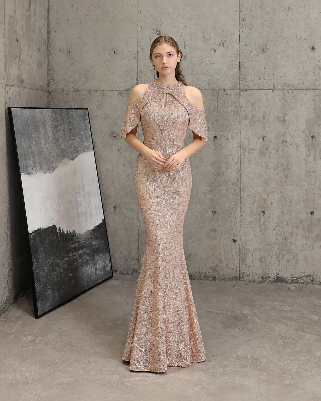 Keyhole Halter Sequin Mermaid Evening Gown | Oyese
