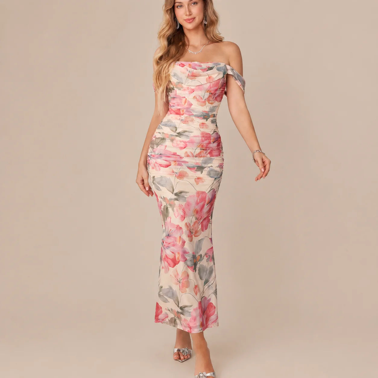 Off-Shoulder Ruched Mesh Bodycon Maxi Dress – Mermaid Evening Gown | Oyese