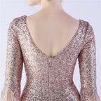 V-Neck Bell Sleeve Sequin Tulle Mermaid Evening Gown | Oyese