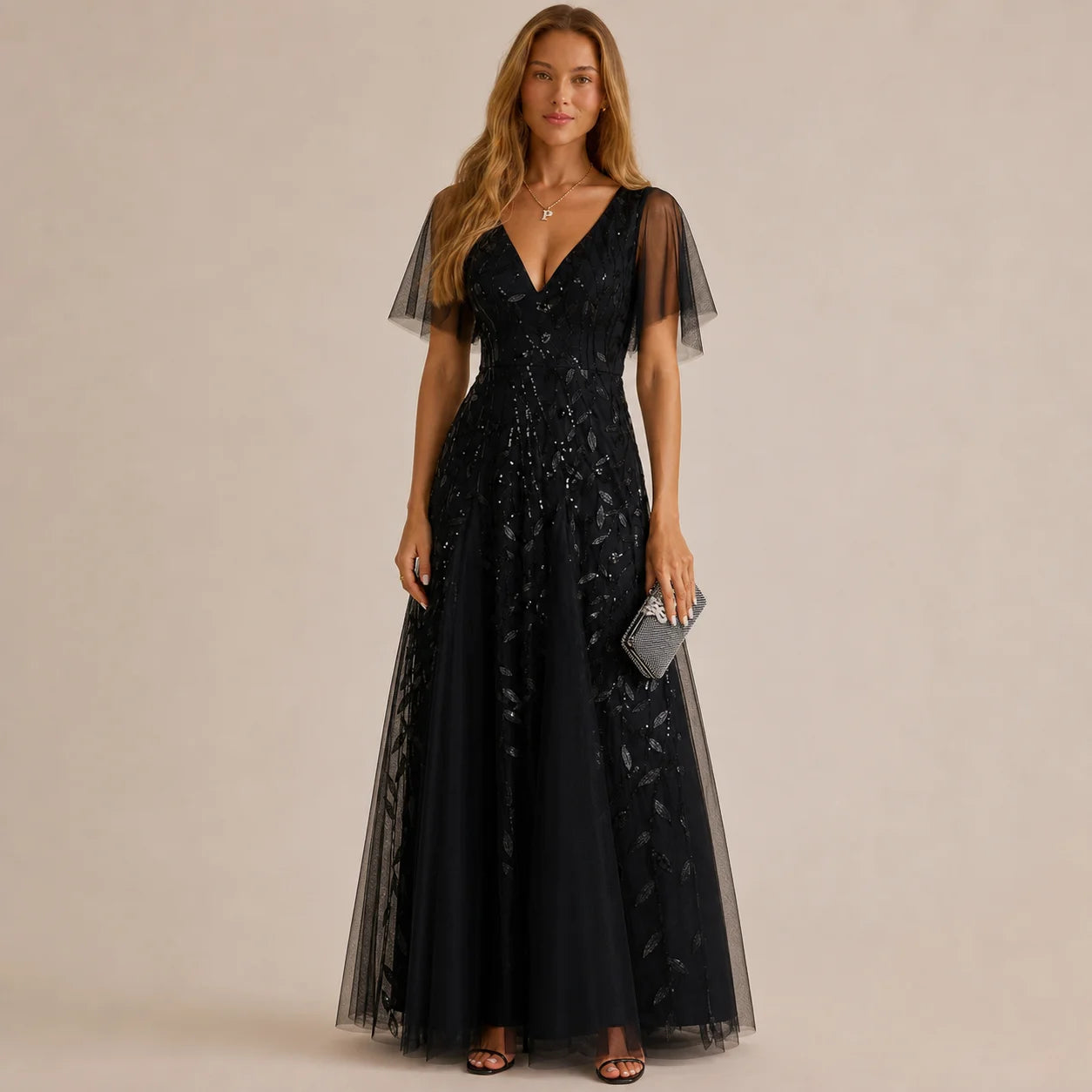 Deep V-Neck Sequin Tulle A-Line Gown – Flutter Sleeve Formal Evening Dress | Oyese