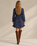 Ruffle Trim V-Neck Ditsy Floral Long Sleeve High-Low Mini Dress | Oyese