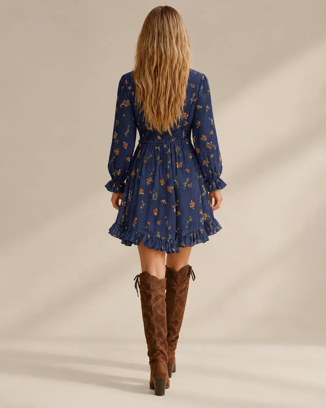 Ruffle Trim V-Neck Ditsy Floral Long Sleeve High-Low Mini Dress | Oyese