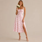 Square Neck Tie Front A-Line Midi Dress – Floral & Solid Summer Dress | Oyese