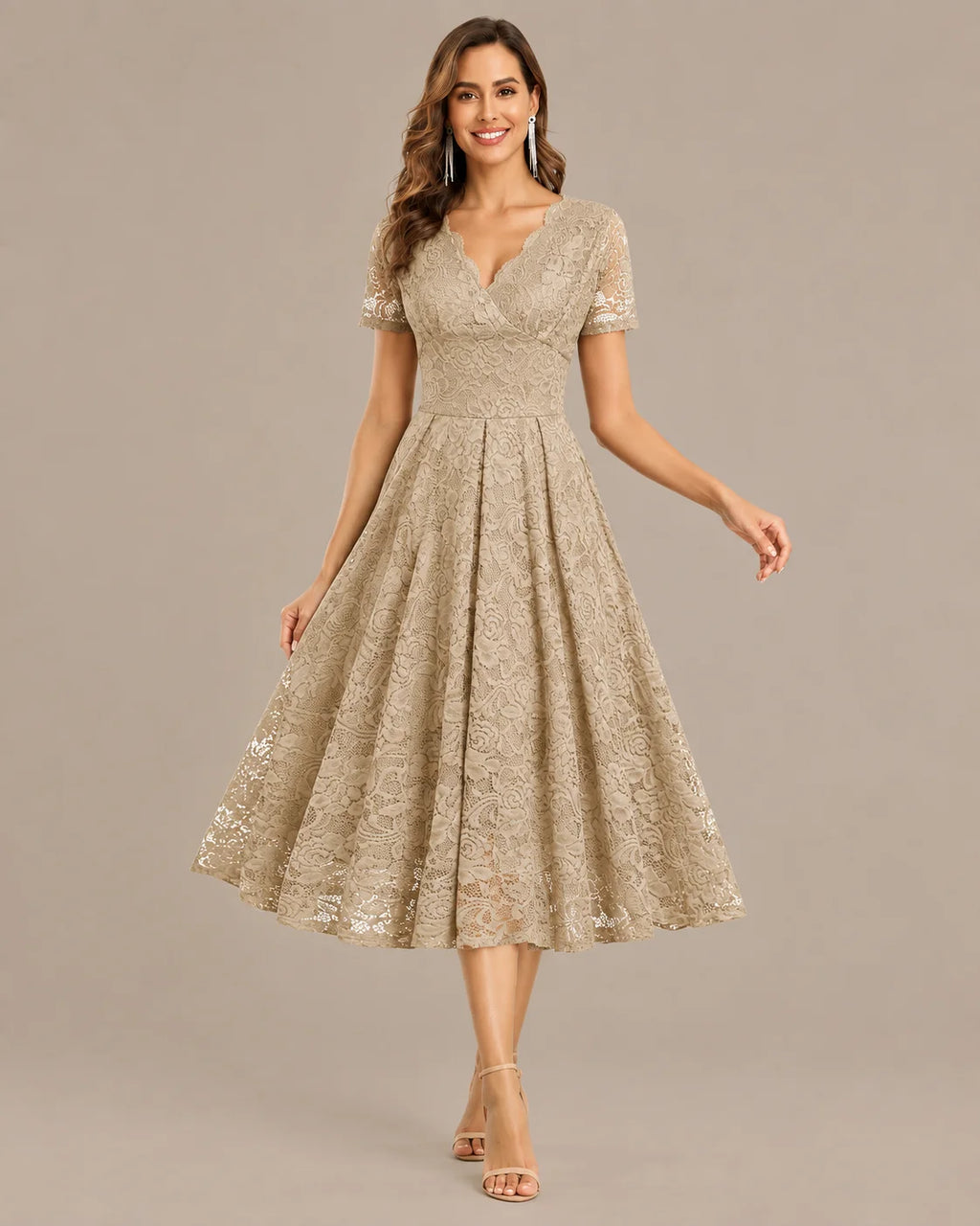 Lace V-Neck Short Sleeve Fit-and-Flare Knee Dress | Oyese