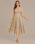 Lace V-Neck Short Sleeve Fit-and-Flare Knee Dress | Oyese