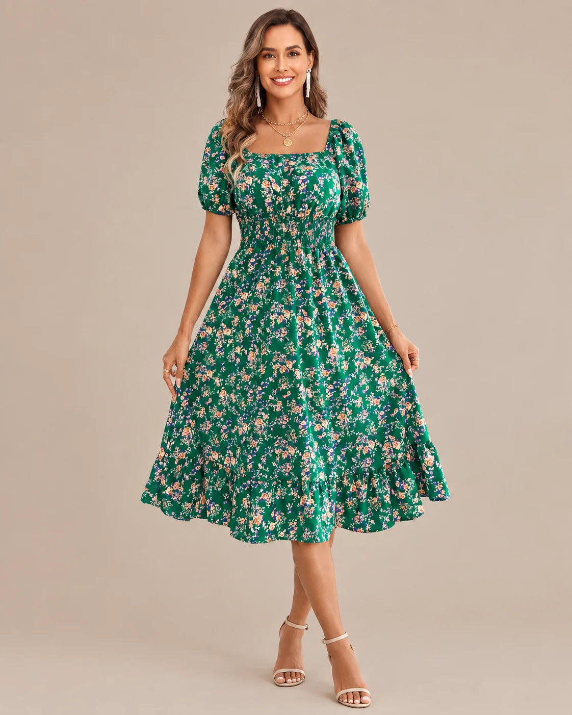 Off-Shoulder Floral Puff Sleeve Ruffle A-Line Dress | Oyese
