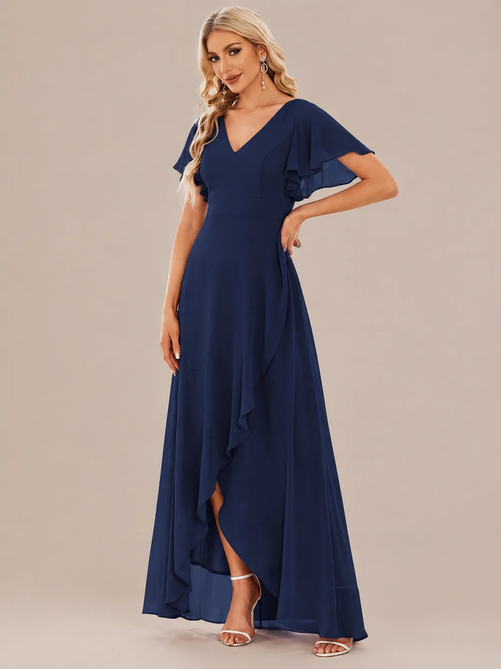 Double V-Neck Flutter Sleeve Flowy Slit Maxi Gown | Oyese