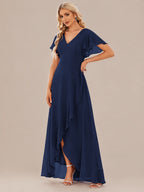 Double V-Neck Flutter Sleeve Flowy Slit Maxi Gown | Oyese
