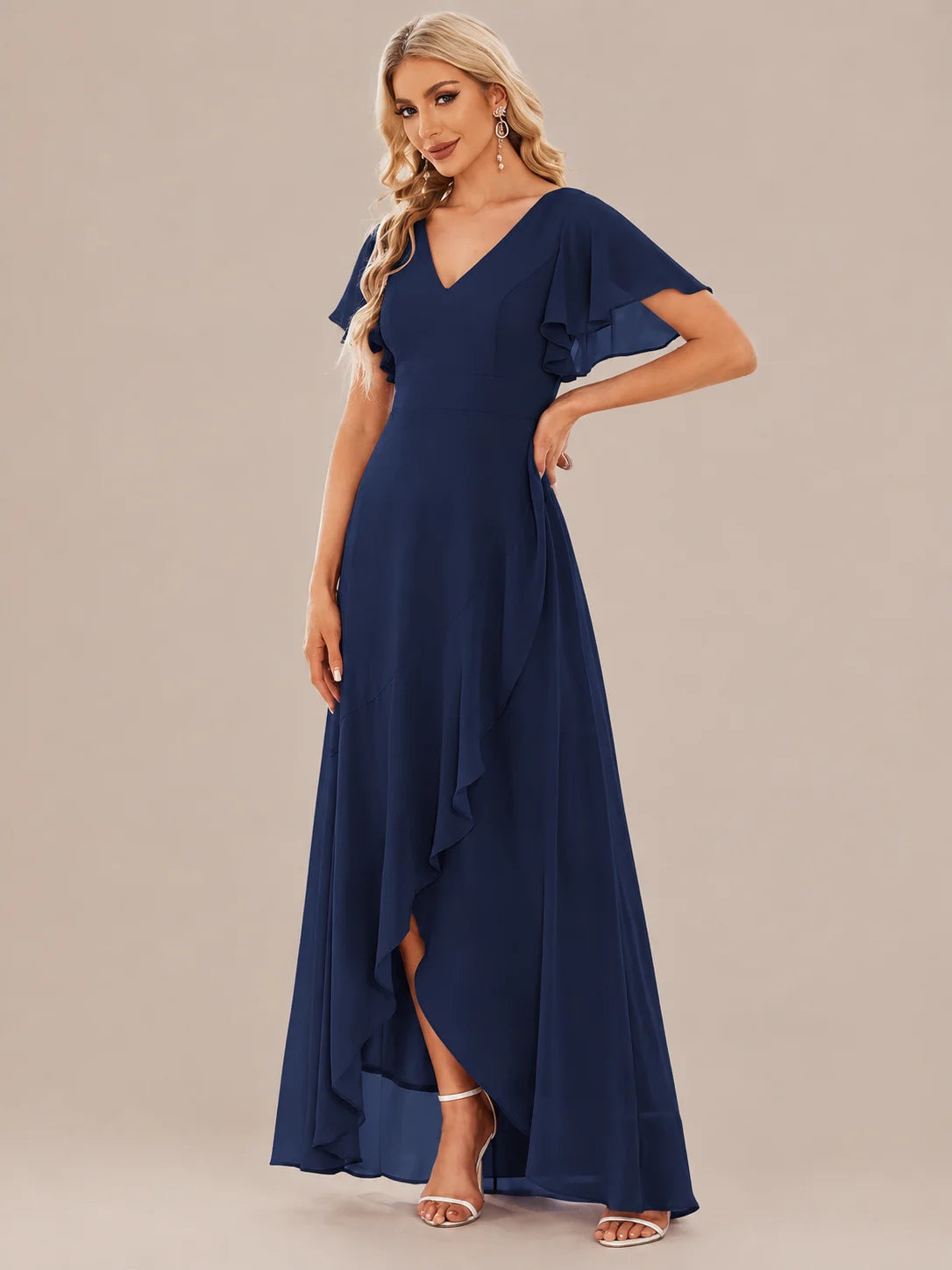 Double V-Neck Flutter Sleeve Flowy Slit Maxi Gown | Oyese