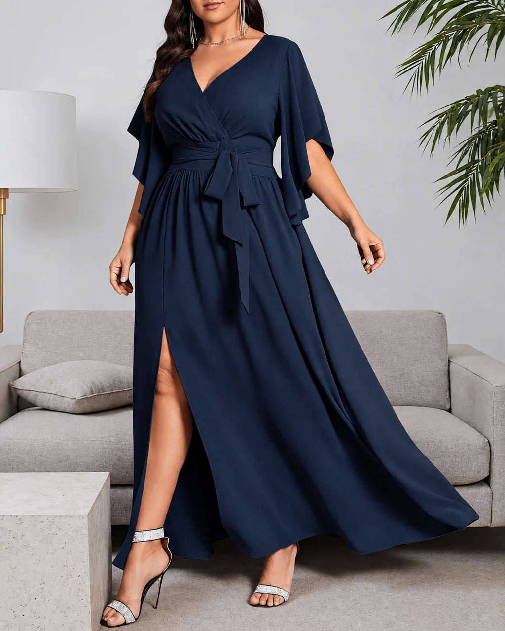 Plus Size Wrap V-Neck Flutter Sleeve Slit Maxi Dress | Oyese