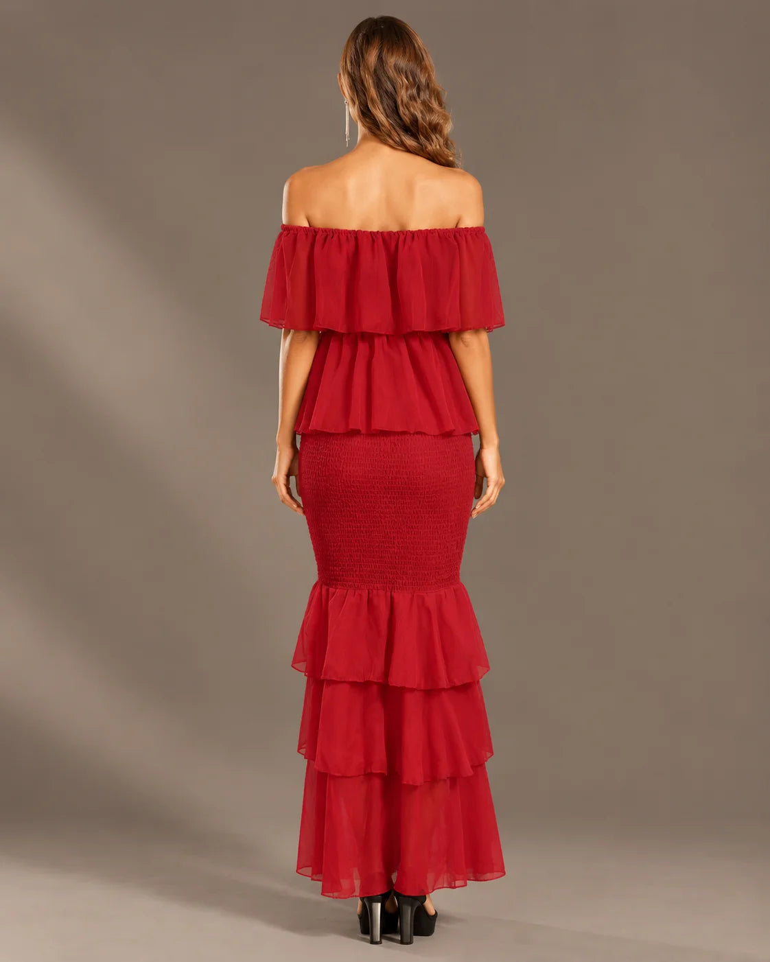 Strapless Pleated Tiered Ruffle Fitted Maxi Dress | Oyese