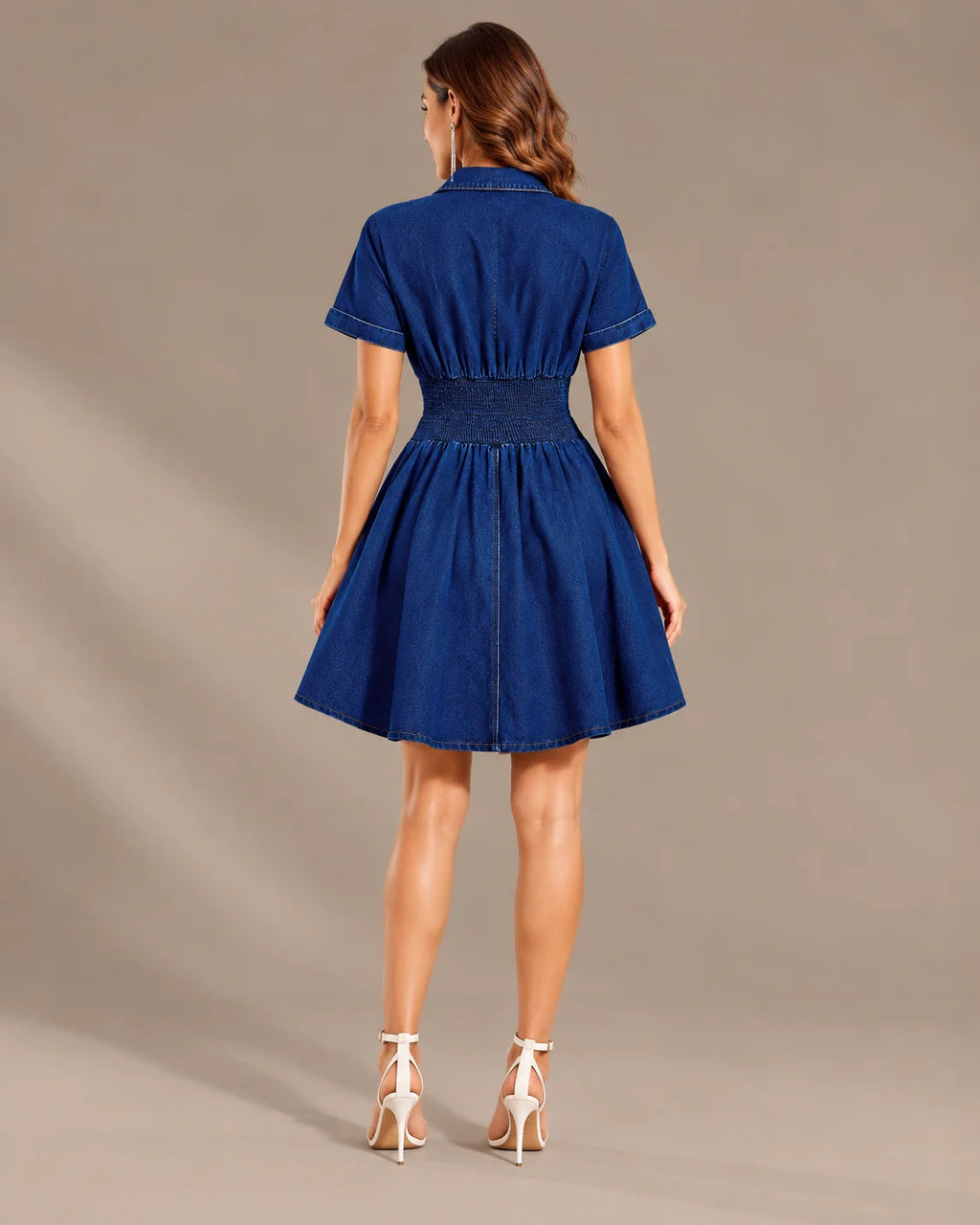 Denim Button-Front Fit & Flare Mini Dress – Collared Short Sleeve Dress | Oyese