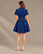 Denim Button-Front Fit & Flare Mini Dress – Collared Short Sleeve Dress | Oyese