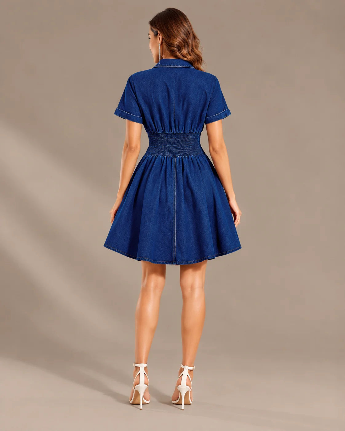 Denim Button-Front Fit & Flare Mini Dress – Collared Short Sleeve Dress | Oyese