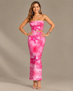 Watercolor Floral Strapless Top and Maxi Skirt Two Piece Set | Oyese