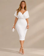 Pearl Embellished V Neck Midi Dress – Flutter Sleeve Bodycon Occasion Dress | Oyese