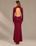 High Neck Long Sleeve Ruched Maxi Dress with Waist Cutouts | Oyese