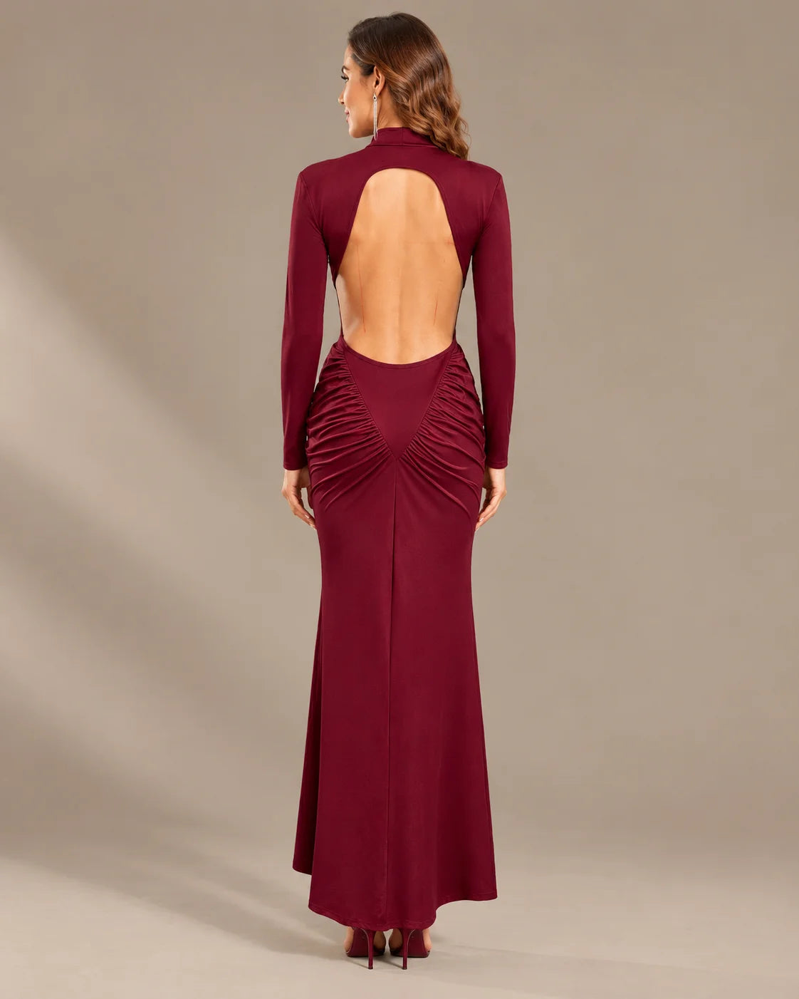 High Neck Long Sleeve Ruched Maxi Dress with Waist Cutouts | Oyese