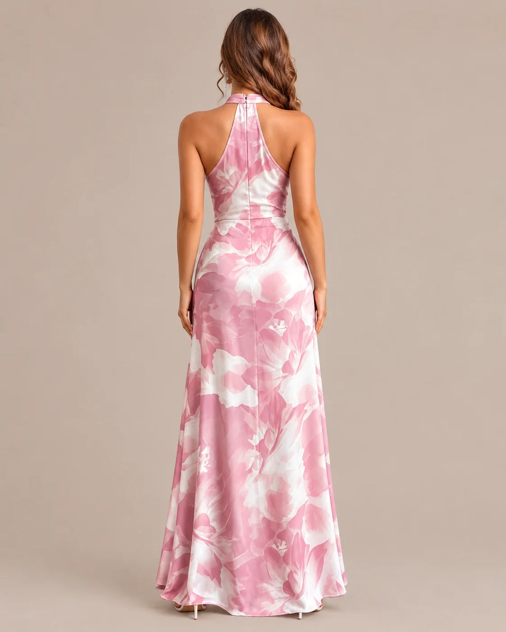 Keyhole Halter Open Back Watercolor Print Maxi Dress | Oyese