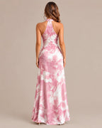 Keyhole Halter Open Back Watercolor Print Maxi Dress | Oyese
