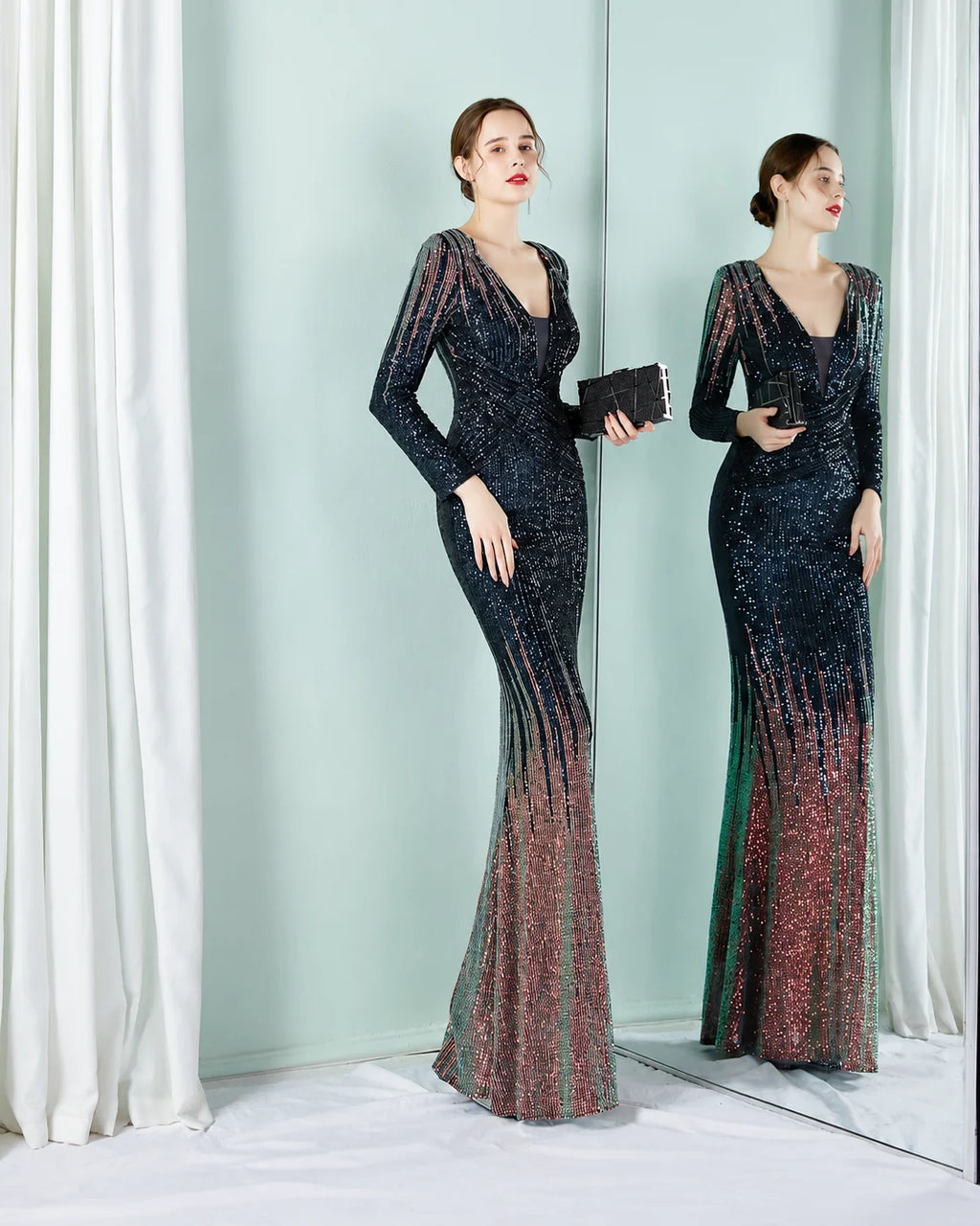 Deep V Long Sleeve Ombre Sequin Mermaid Evening Gown | Oyese