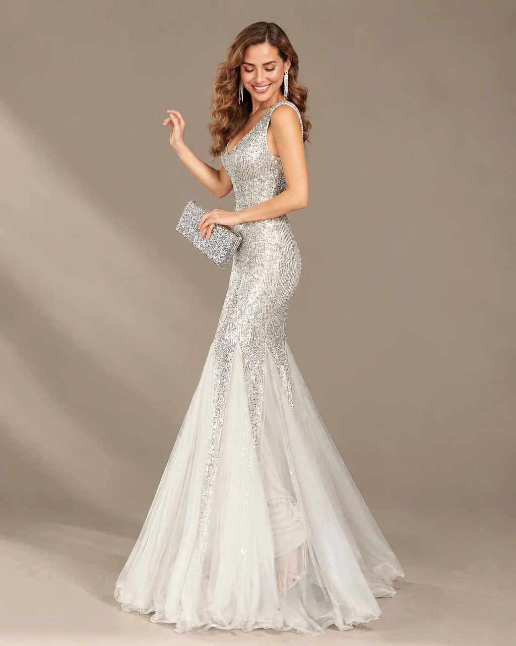 Deep V-Neck Beaded Tulle Mermaid Evening Gown | Oyese