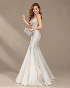 Deep V-Neck Beaded Tulle Mermaid Evening Gown | Oyese
