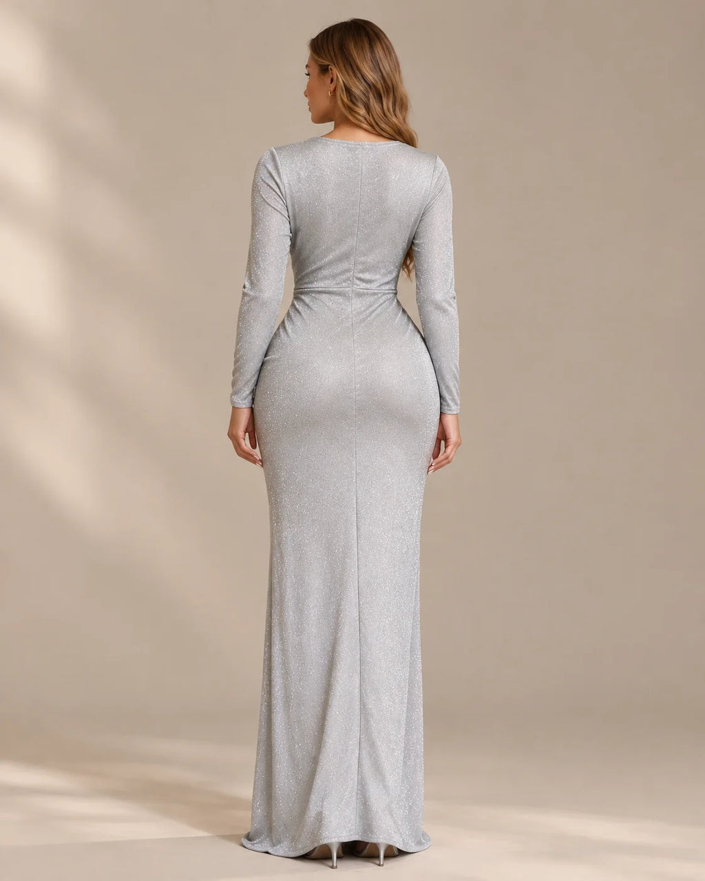 Shimmer Wrap V Neck Long Sleeve Maxi Dress – High Slit Evening Gown | Oyese