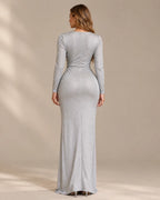 Shimmer Wrap V Neck Long Sleeve Maxi Dress – High Slit Evening Gown | Oyese