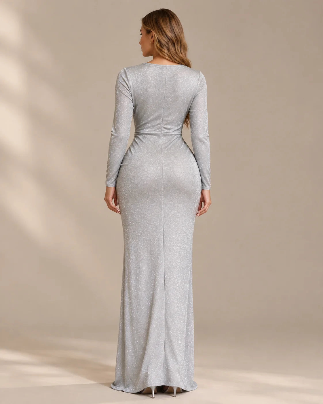 Shimmer Wrap V Neck Long Sleeve Maxi Dress – High Slit Evening Gown | Oyese