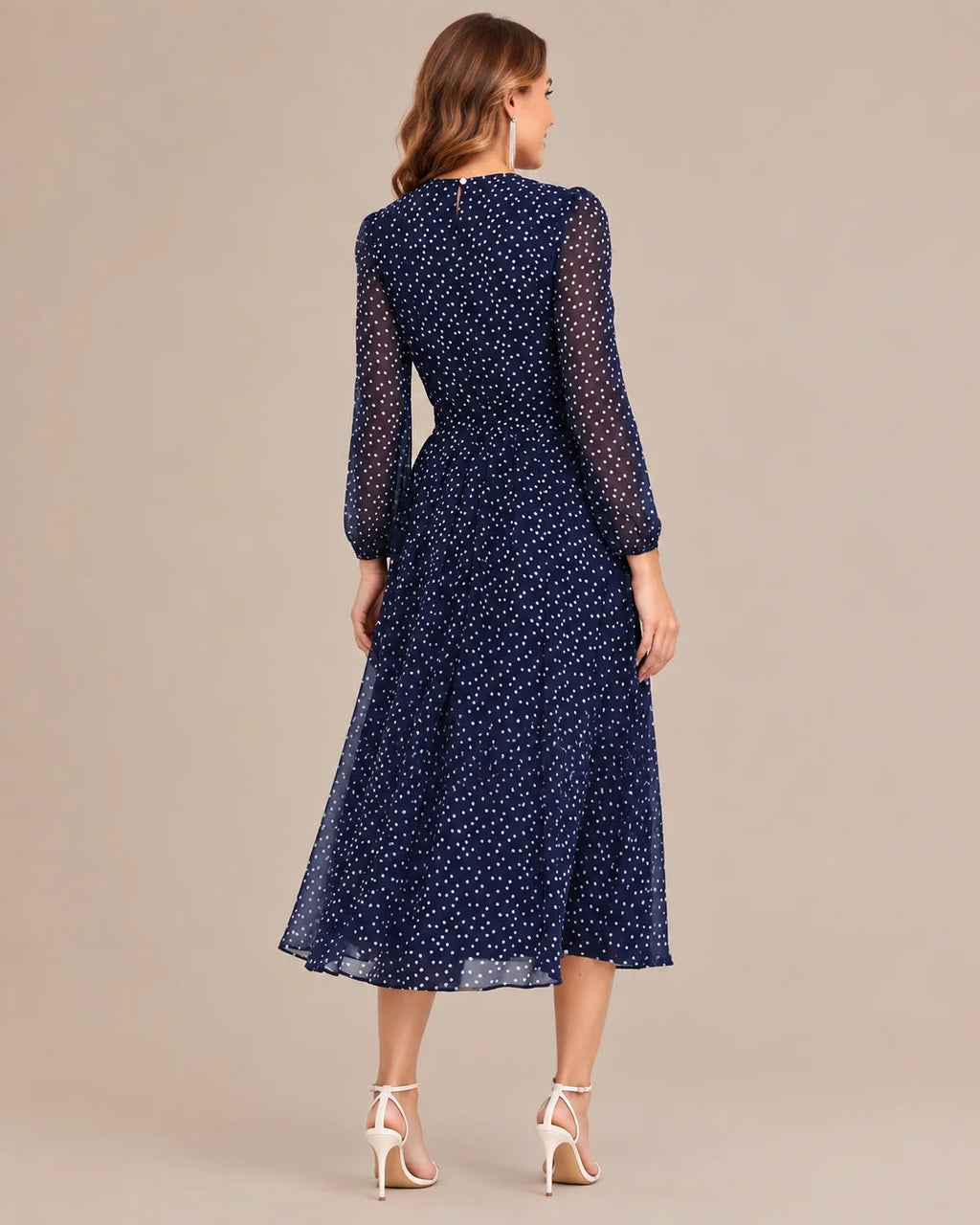 Sheer Long Sleeve Polka Dot Swing Midi Dress | Oyese