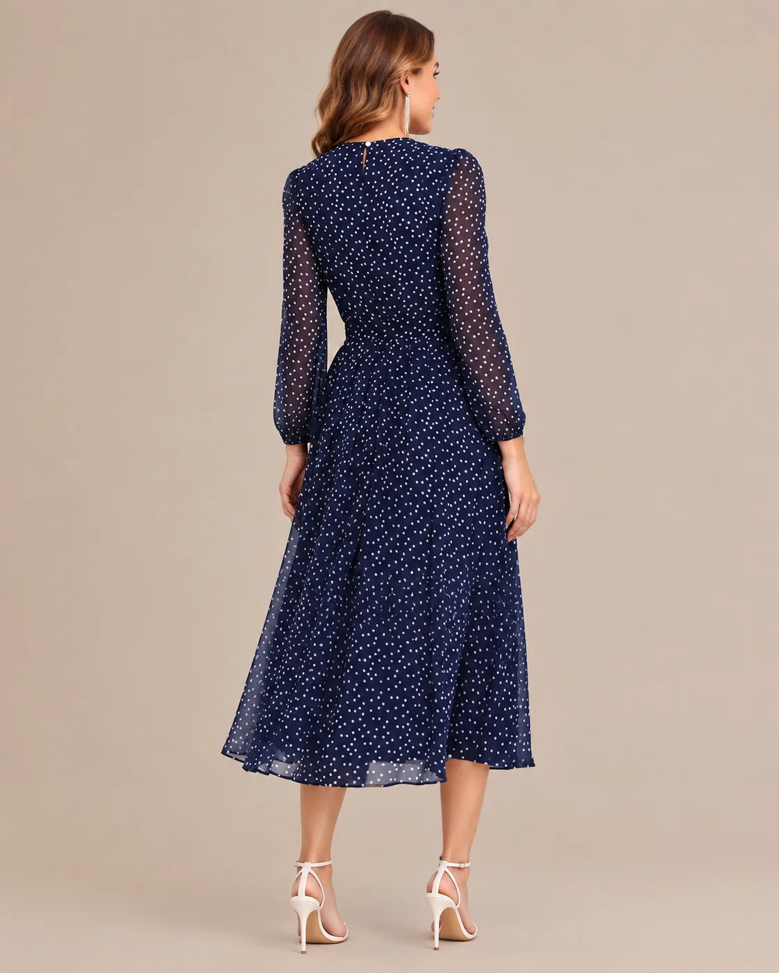 Sheer Long Sleeve Polka Dot Swing Midi Dress | Oyese