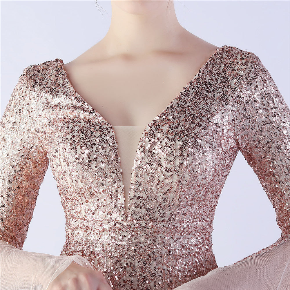 V-Neck Bell Sleeve Sequin Tulle Mermaid Evening Gown | Oyese