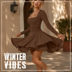 Women's Square Neck Long Sleeve Mini Dress