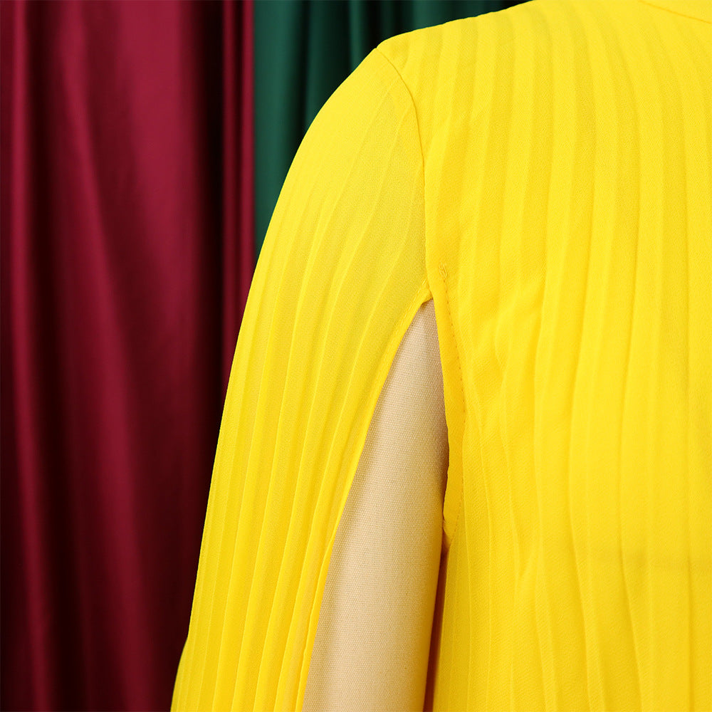 Mock Neck Pleated Chiffon Cape Shift Dress | Oyese