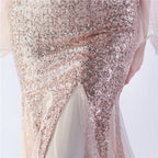 V-Neck Bell Sleeve Sequin Tulle Mermaid Evening Gown | Oyese