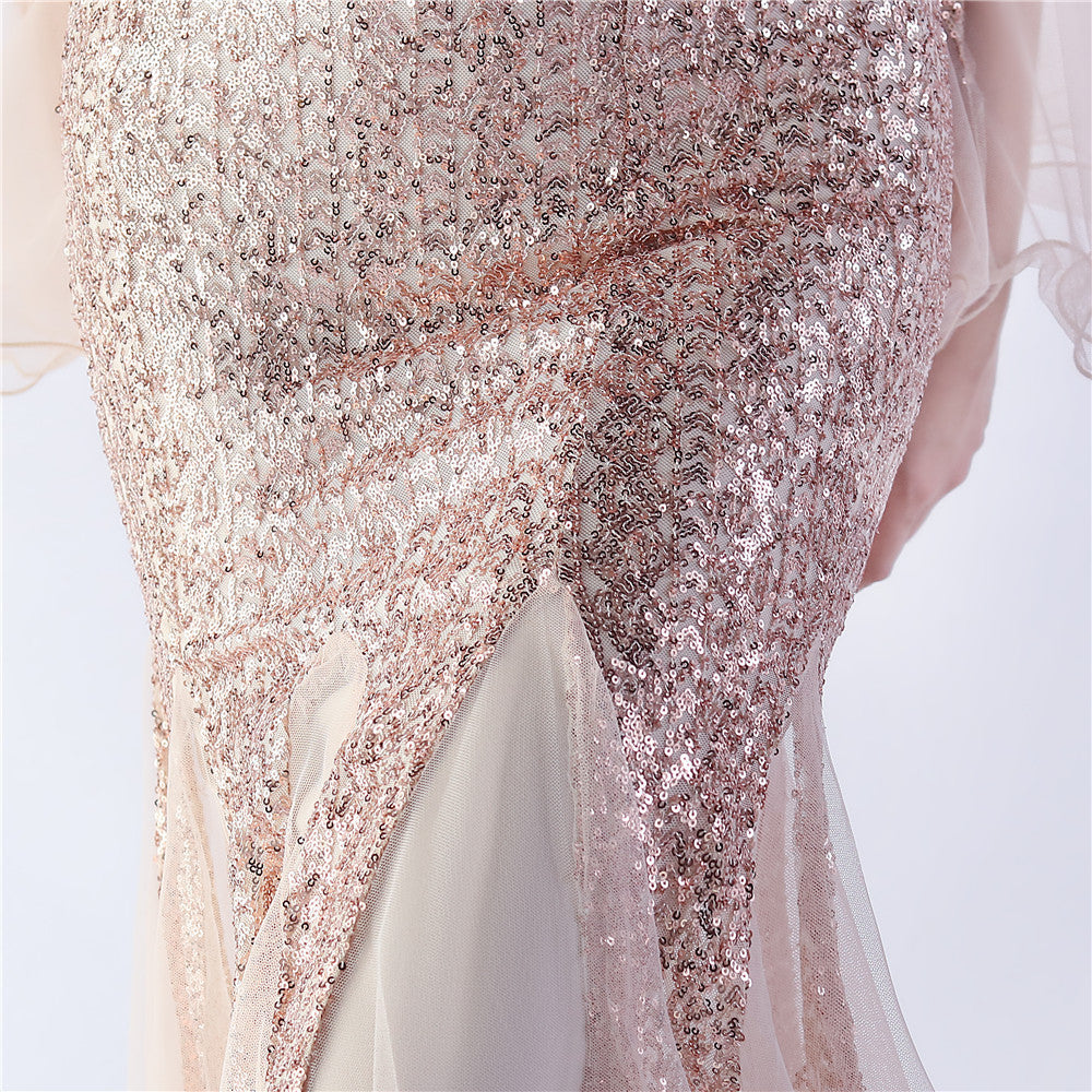 V-Neck Bell Sleeve Sequin Tulle Mermaid Evening Gown | Oyese