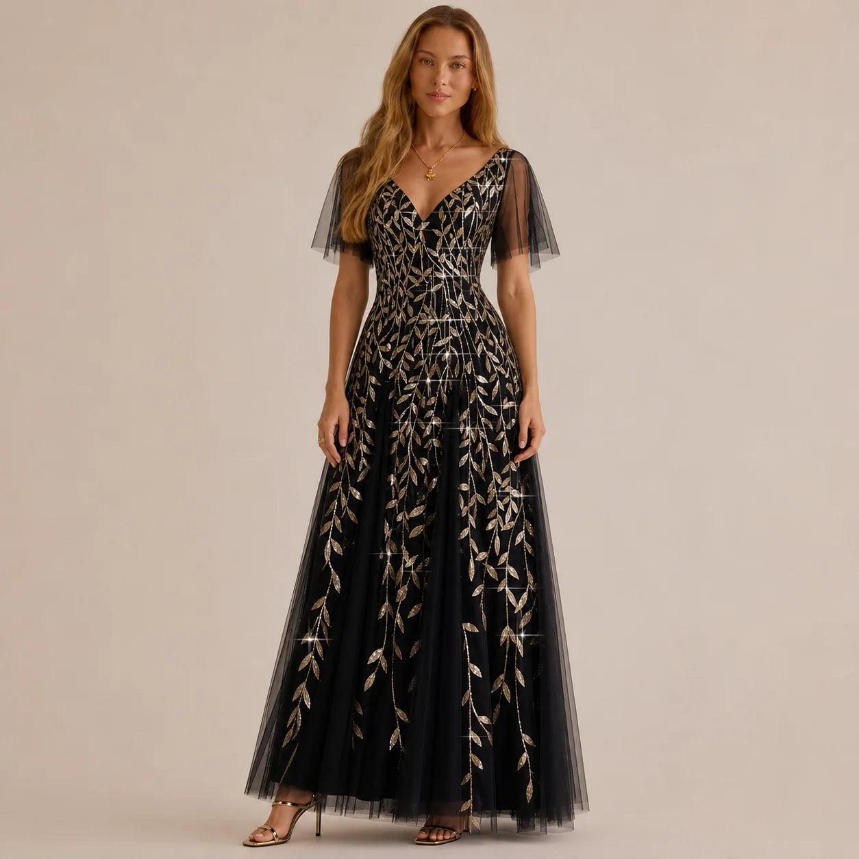 Deep V-Neck Sequin Tulle A-Line Gown – Flutter Sleeve Formal Evening Dress | Oyese