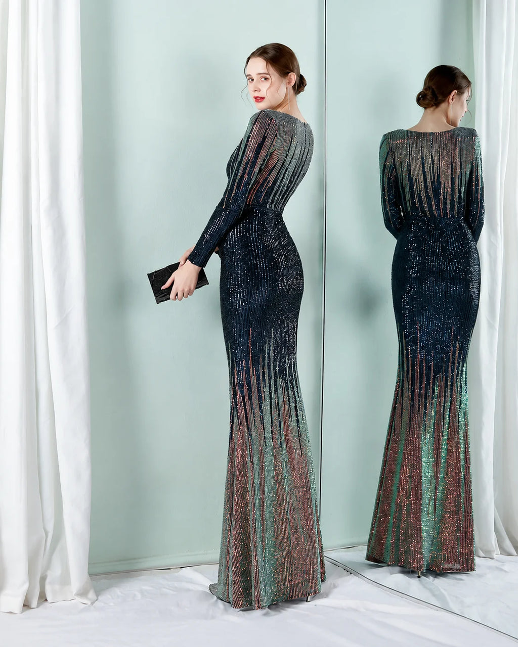 Deep V Long Sleeve Ombre Sequin Mermaid Evening Gown | Oyese