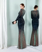 Deep V Long Sleeve Ombre Sequin Mermaid Evening Gown | Oyese