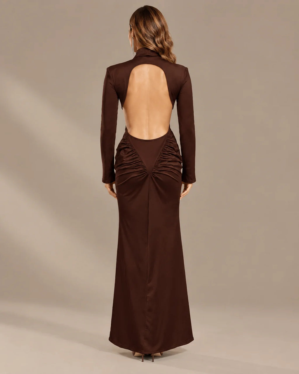 High Neck Long Sleeve Ruched Maxi Dress with Waist Cutouts | Oyese