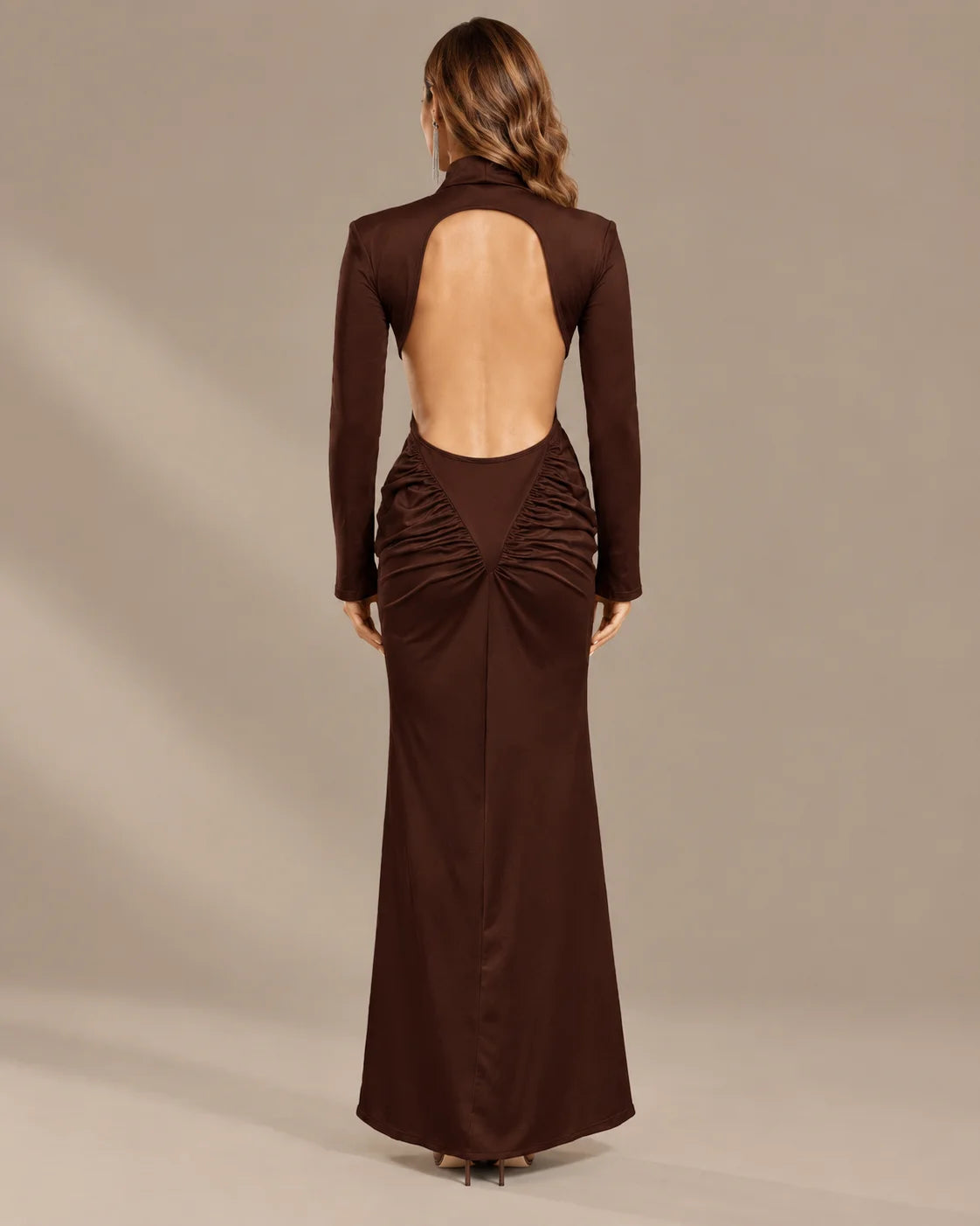 High Neck Long Sleeve Ruched Maxi Dress with Waist Cutouts | Oyese