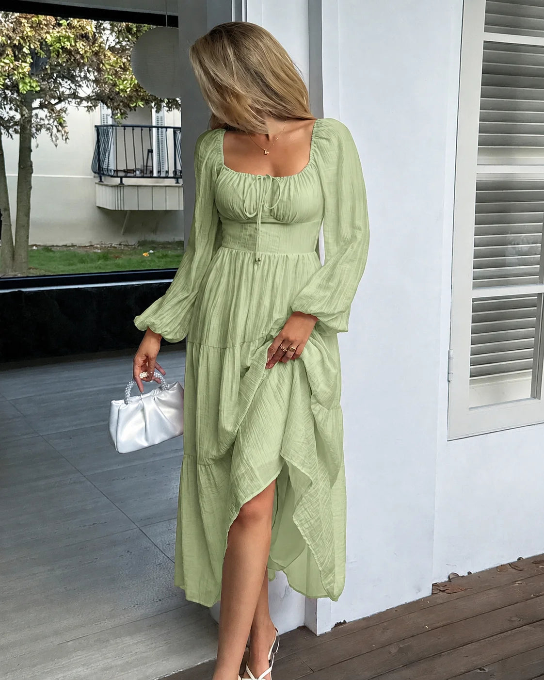 Off-Shoulder Square Neck Tiered Puff Sleeve Maxi Dress | Oyese